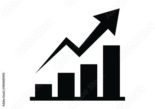 Icono de un gráfico de barras negro con una flecha ascendente que muestra una tendencia de crecimiento positivo