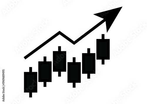 Icono de gráfico de velas japonesas con flecha ascendente que representa el crecimiento del mercado bursátil