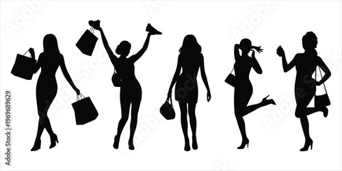 Silhouettes of Women Shopping and Posing with Bags and Shoes woman