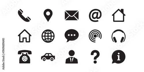 Collection of 15 vector icons for communication, contact, and information services