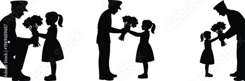 Soldier Giving Flowers to Children Silhouettes on White Background military girl