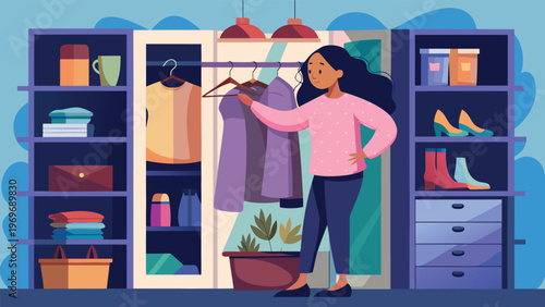 Woman organizing clothes in a wardrobe with shelves and storage boxes in a home setting during daytime