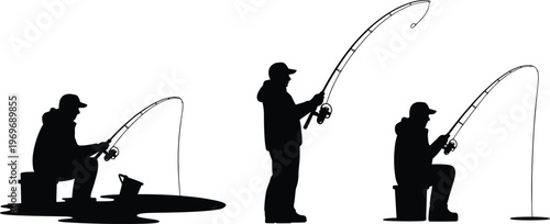 Three Black Silhouette Fishermen with Rods on White Background fishing fisherman