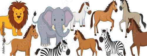 Wild and farm animals collection with lion elephant horse and zebra, cute cartoon wildlife vector illustration set for kids
