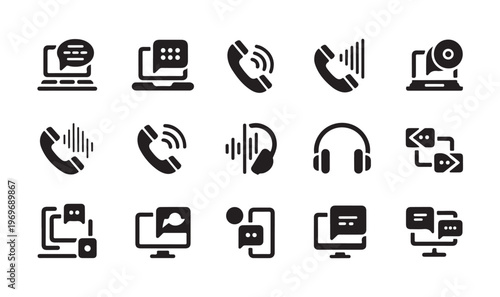 Set of communication and support icons featuring laptops, phones, and headphones