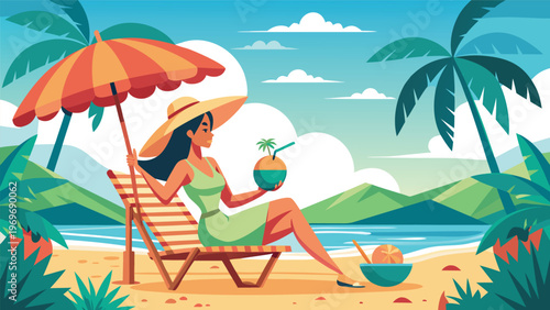 Woman relaxes on beach with coconut drink under umbrella