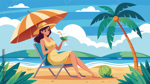 Relaxing by the beach with a drink under an umbrella on a sunny day at the ocean shore