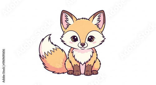 Cute cartoon fox with fluffy orange fur and big brown eyes sitting on white background looking friendly