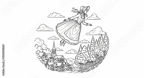 Woman in historical dress floats above a village and forest under clouds