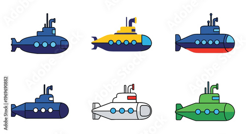 Set of colorful submarine icons in flat cartoon style for underwater naval design