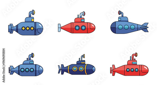 Set of Cartoon Vector Submarine Icons Collection in Flat Design Style Isolated on White Background