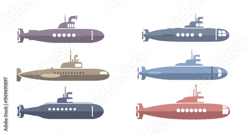 Submarine Vector Collection with Minimalist Flat Design Style Isolated on White Background.