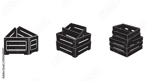 Three black wooden crates in different stacking configurations on white background  isolated wooden boxes for storage and transportation