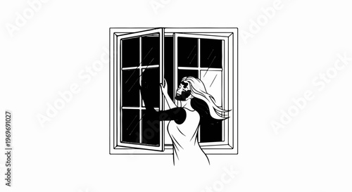Woman opening window, dark night, wind blowing hair, dramatic scene
