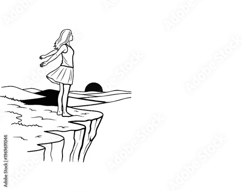 Woman on cliff edge, arms outstretched, facing sunrise over rolling hills