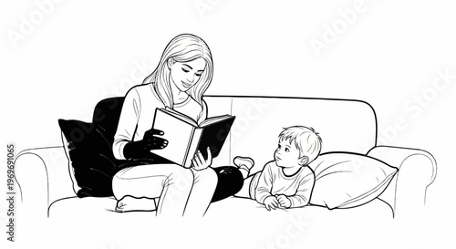 Woman reads book to attentive child on sofa with pillows