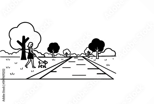 Woman walks dog on leash along a path lined with trees and grass