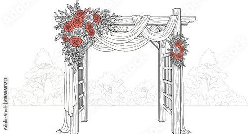 Wooden wedding arch adorned with roses and draped fabric in a garden