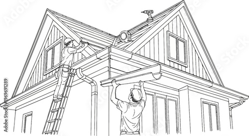 Workers install new gutters on a house roof using ladders and tools