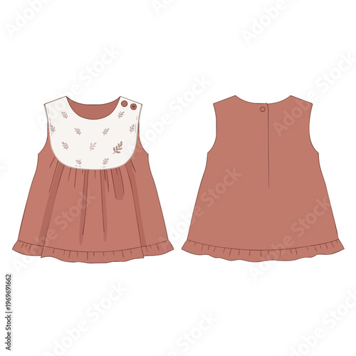 Baby girl tunic dress flat sketch with floral yoke and ruffle hem