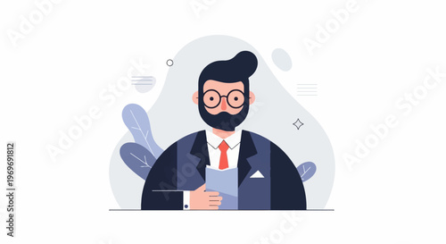 Stylized portrait of a bearded man in a suit with glasses, holding documents