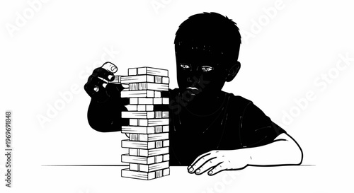 Young child carefully plays a tower block removal game