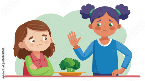 Children at a table showing different reactions to food during meal time at home one evening