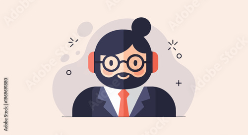 Stylized portrait of a bearded person in a suit, wearing headphones