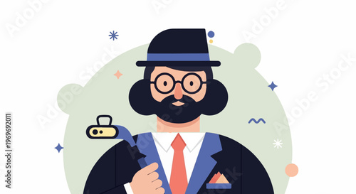 Stylized portrait of a man in a hat and suit holding a hammer