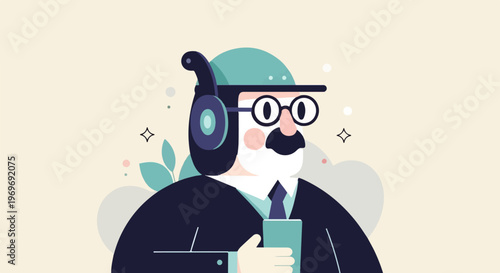 Stylized portrait of a man in headphones holding a phone