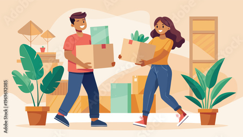 Couple carries boxes in a room filled with plants and moving items during a weekend in a new home setup