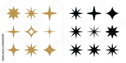 Comparison set of black and gold sparkle icons featuring four point and multi point geometric star shapes.