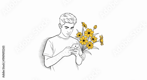 Young man with trendy hairstyle engrossed in his mobile device, holding it with both hands, with a vibrant bouquet of yellow flowers