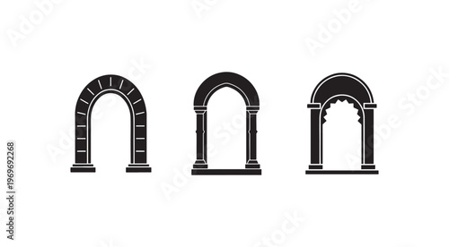 Three different black archway designs with various architectural details on white background  architectural elements  various styles