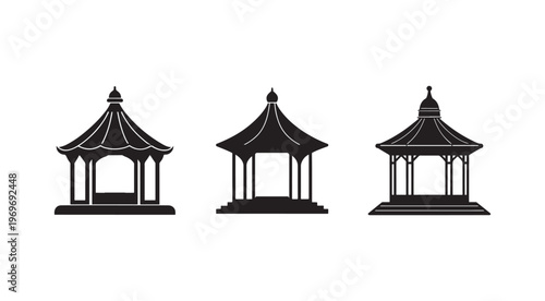 Three different designs of Asianstyle gazebos with pagoda roofs and pillars  isolated on white background