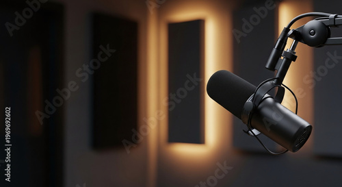 Professional broadcast microphone in modern moody podcast studio.