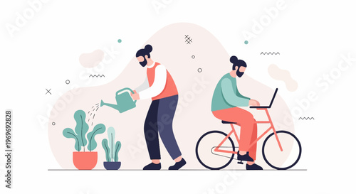 Two men one watering plants and the other working on a laptop on a bike