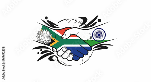 Two nations unite through handshake, adorned with flags and cultural symbols