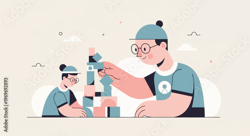 Two people building with colorful blocks, one reaching for more