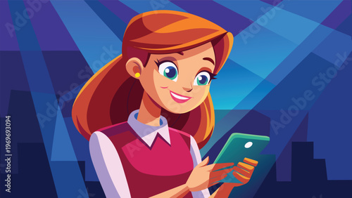 Woman smiles while using smartphone in a city at night during an event with lights shining in the background