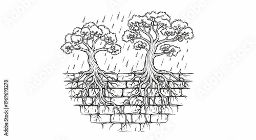 Trees with roots exposed, growing through brickwork during rain