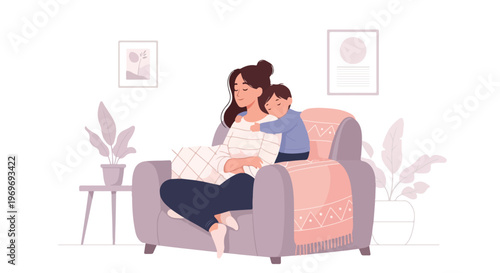 A mother and child sitting comfortably on a couch reading a book together at home