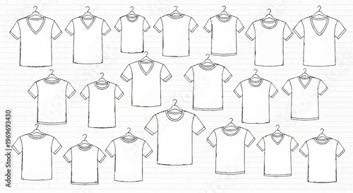 Various t-shirt designs displayed on hangers against a brick background