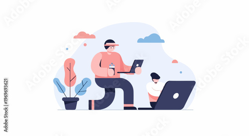 Two people working on laptops in a stylized outdoor setting with plants and clouds