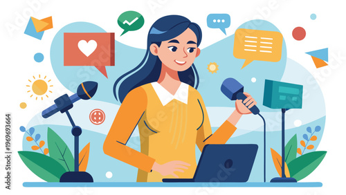 Woman using computer and microphone to create content during an online session with various chat messages