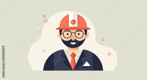 Stylized portrait of a smiling person wearing a hard hat and suit (1)