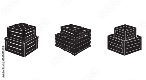 Three different stack arrangements of wooden crates with slats and white outline on white background  industrial and storage concept
