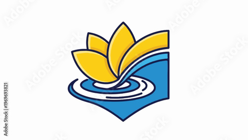 Stylized yellow flower with blue water ripples and waves