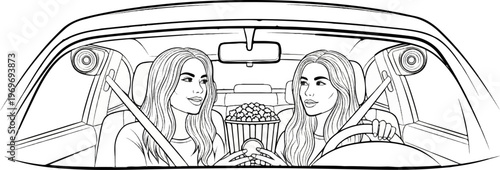 Two smiling young women in a car sharing popcorn, one driving