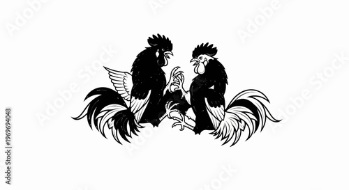 Two black roosters with detailed tails face each other, wings spread